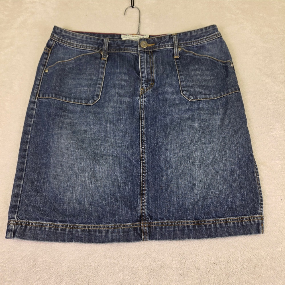 Tommy Hilfiger Denim Skirt Size 14 Medium Wash Blue Jean Knee Length Preppy Logo